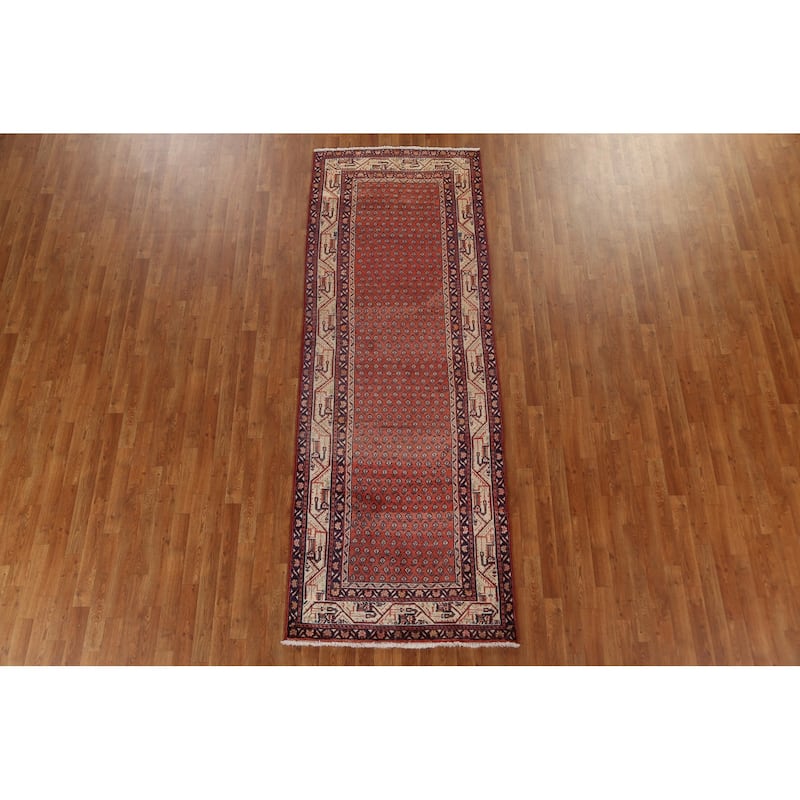 Red Boteh Botemir Persian Wool Runner Rug Hand-knotted Hallway Carpet - 3'6" x 9'10"