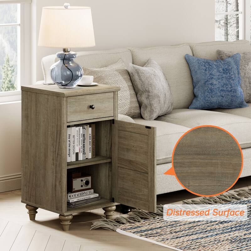 Set of 2 End Tables with Charging Station & Drawer Storage Cabinet