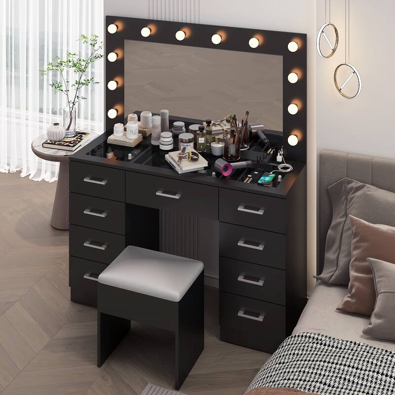 Luxury Vanity Desk Set with Lighted Mirror Cushioned Stool 9 Drawers Glass Tabletop and Built in USB Charging Station