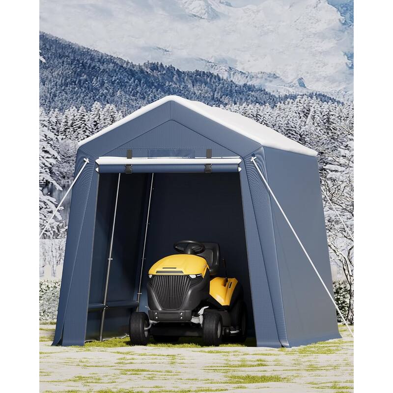 Outdoor Storage Shed, Portable Carport with Roll-Up Ventilated Zipper Door and Windows, Heavy Duty Waterproof Tarp - 7*12FT
