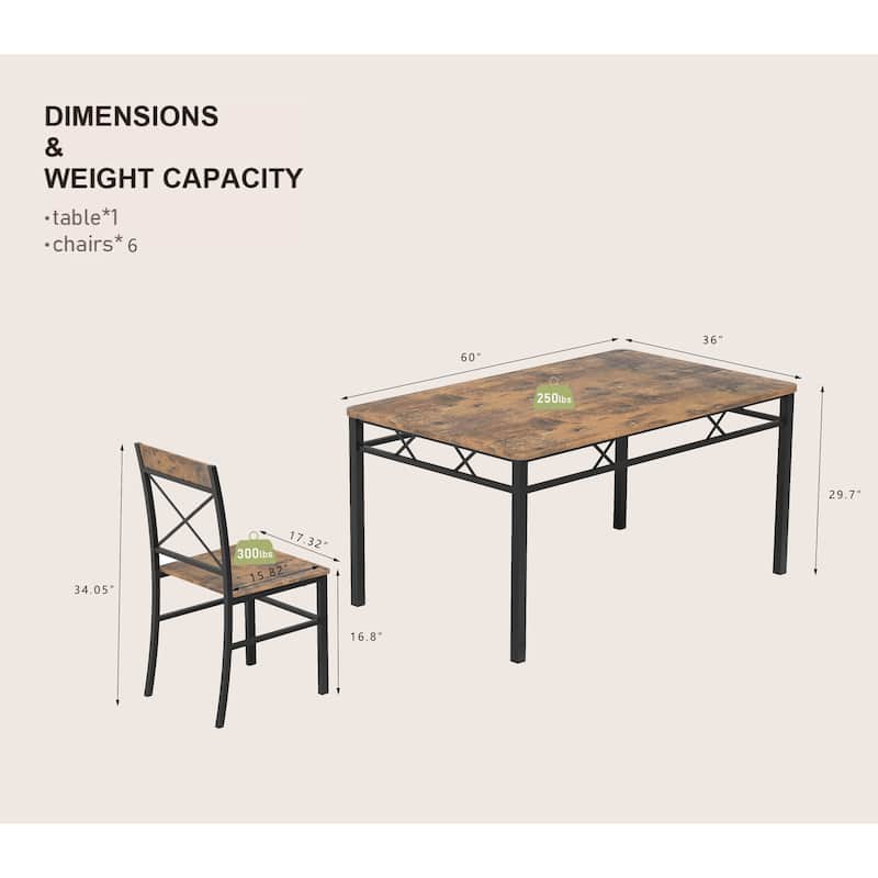 7 Piece Metal Frame Dining Table Set with 6 Chairs and Rectangular Dining Room Table for Dining Room Brown