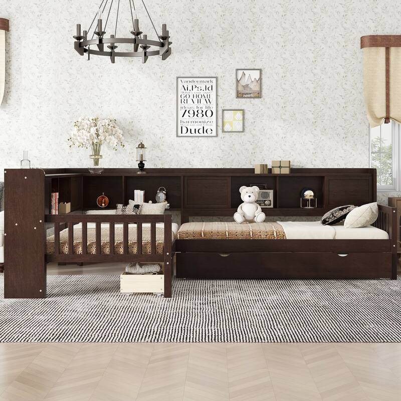 L Shaped Twin Platform Bed with Pull Out Trundle and Drawer, Solid Wood Twin Size Bed Frame with L Shaped Storage Bookcases - Espresso - Twin