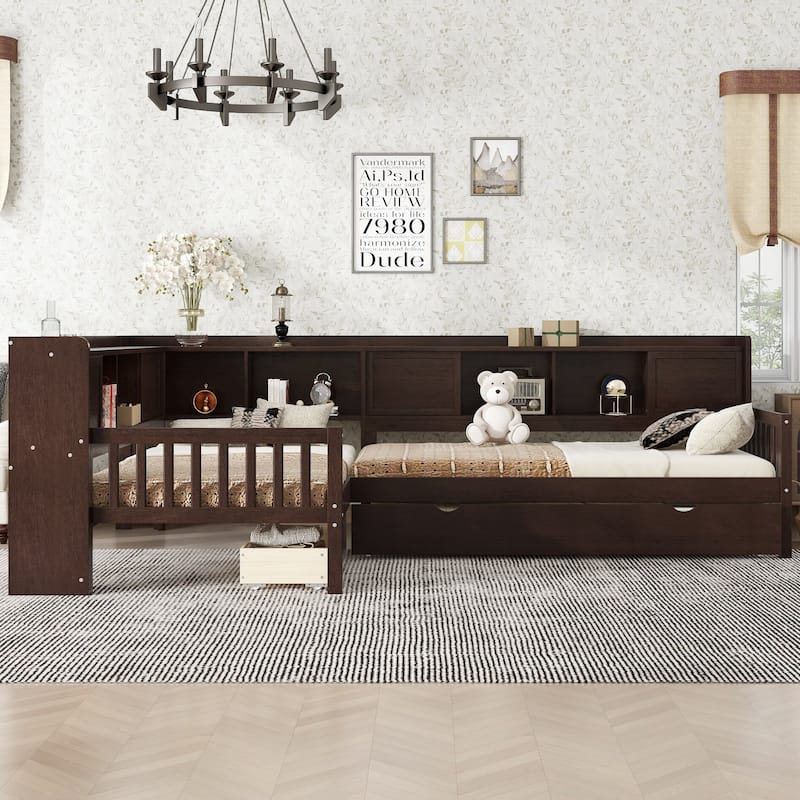 L-shaped Bunk Platform Bed Twin Size Solid Wood Storage Bedframe with Trundle, Drawer and Open Shelves for Boys, Girls, Kids