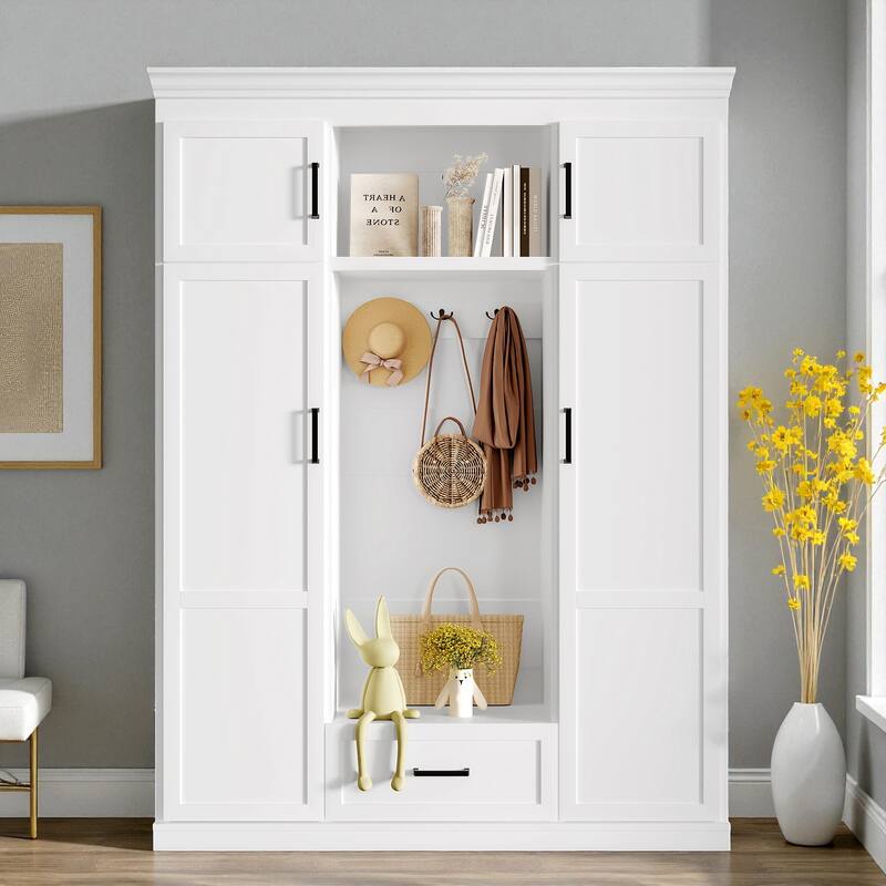 85.2'' H Modern Hall Tree with Bench, 4 Doors, 3 Hooks & Drawer, Entryway Storage Cabinet with Adjustable Shelves - White