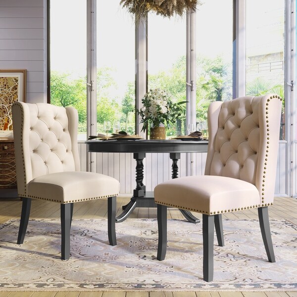 Set of 2, Cotton Fabric Upholstered Dining Room Chairs with Button