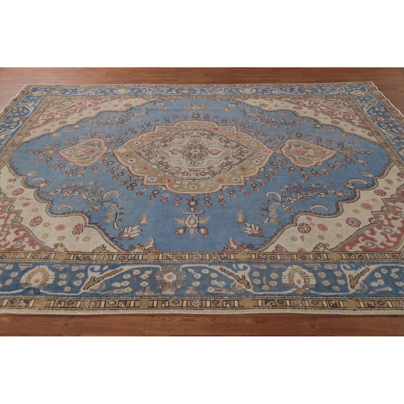 Blue Geometric Tabriz Persian Vintage Rug Hand-Knotted Wool Carpet - 8'2"x 10'9"