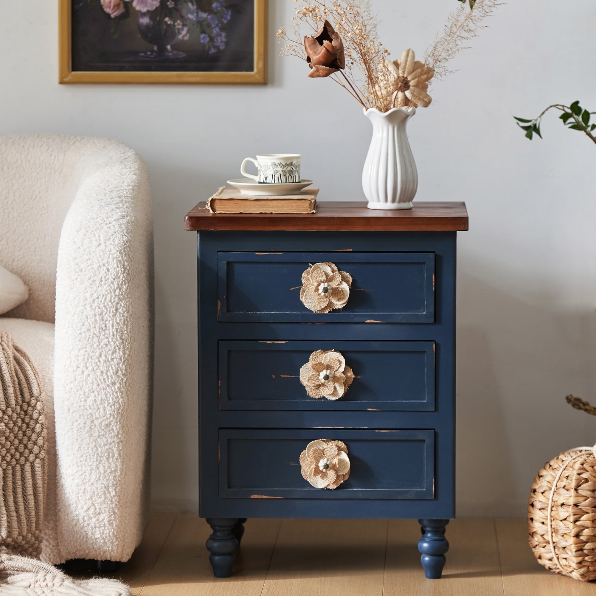 Vintage Farmhouse Rustic Nightstand with Floral Knobs and 3 Drawers for Bedside or Sofa Accent