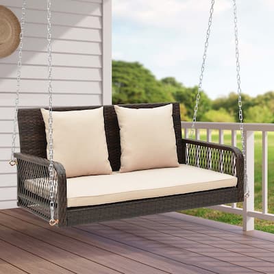 Patio Wicker Porch Swing 2-Person Hanging Loveseat Bench w/ Cushions