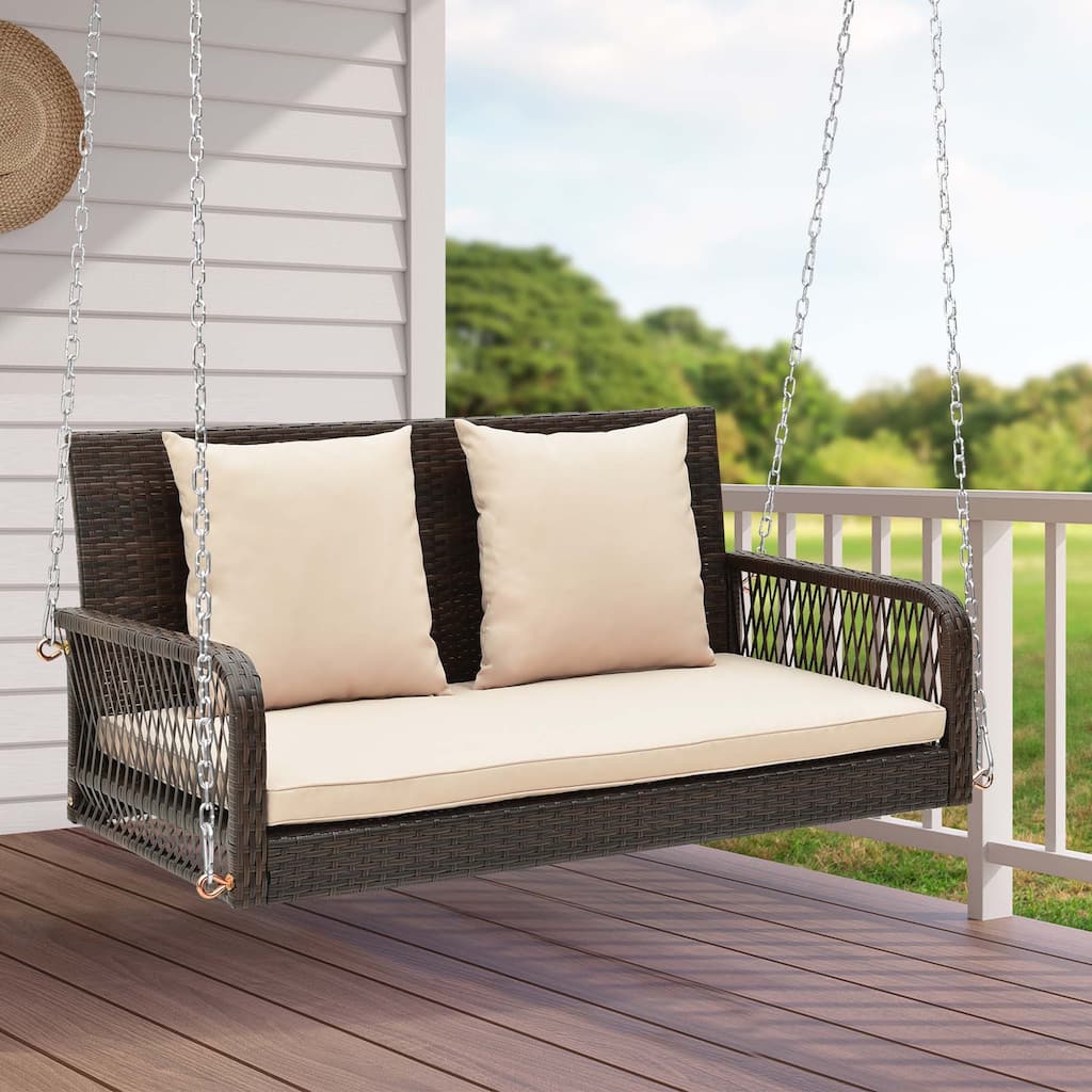 Patio Wicker Porch Swing 2-Person Hanging Loveseat Bench w/ Cushions