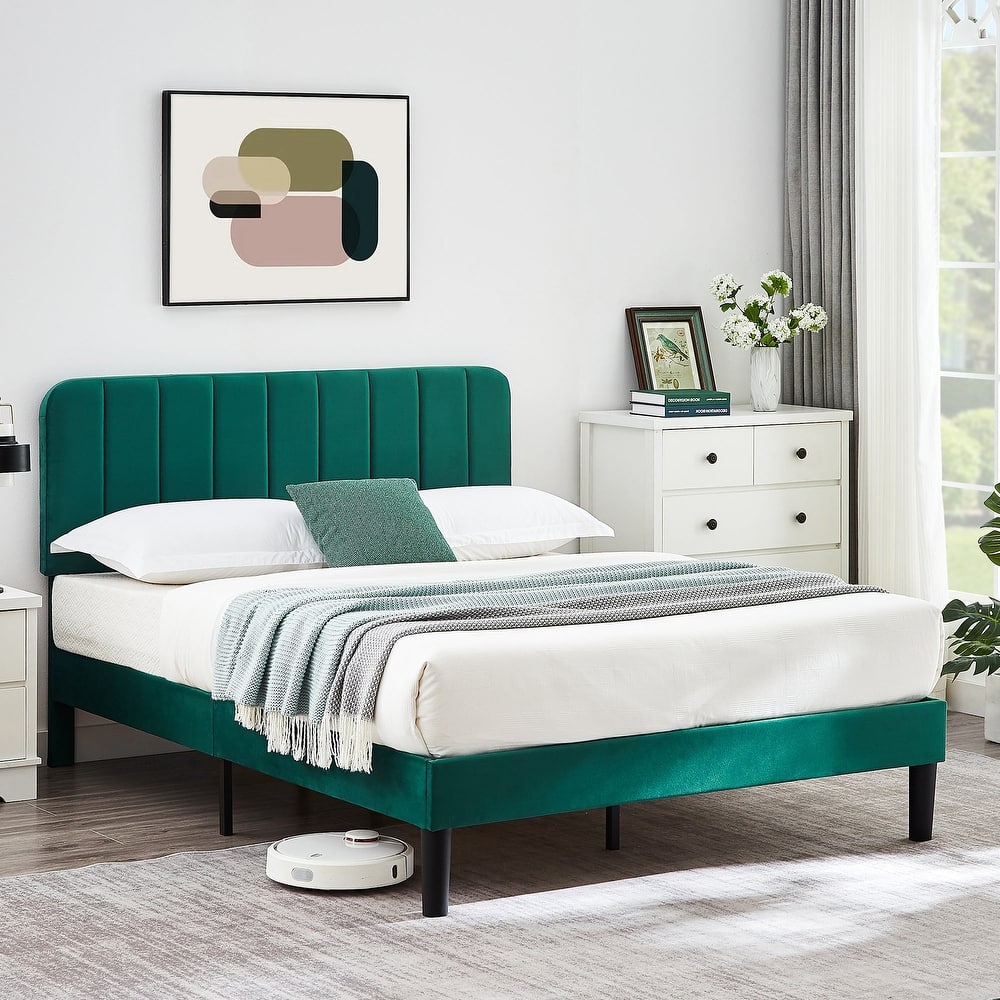 Javlergo Upholstered Adjustable Headboard Velvet Platform Bed Quiet Heavy-Duty Bed Frame No Box Spring Needed