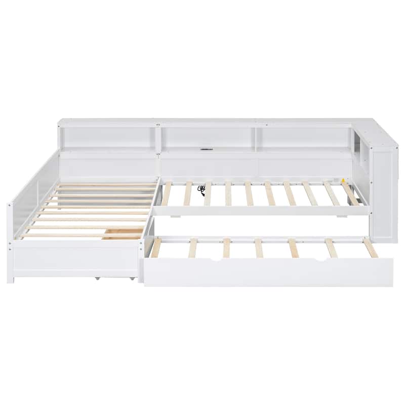 Twin L-Shaped Platform Bed with Trundle, Storage Shelves & Charging Ports by Harper&Bright Designs