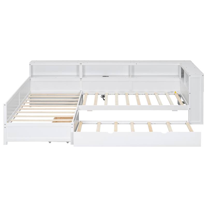 Wood Twin Size L-shaped Platform Bed with Trundle, Charging Station and Storage Shelves