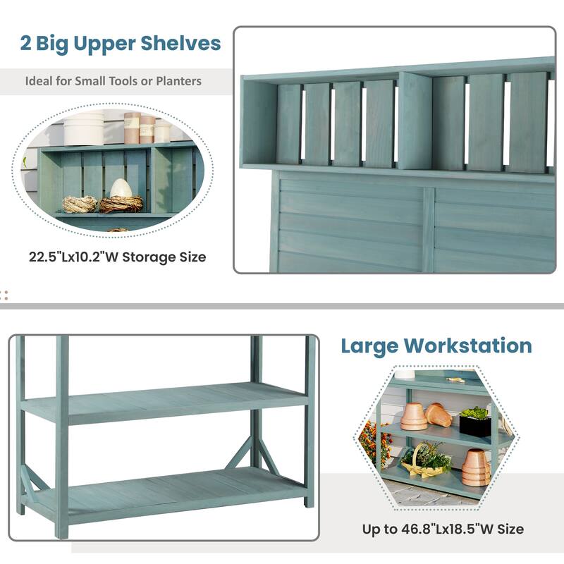 Outdoor Potting Bench Table, Garden Potting Bench with Splash Plate, Patio Workstation with 4 Storage Shelves and Side Hook