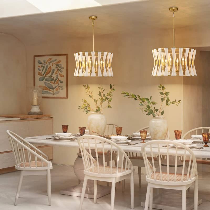 6-Light 23.6" Farmhouse Boho Hand-Woven Ivory Rope Tapered Fabric Drum Chandelier