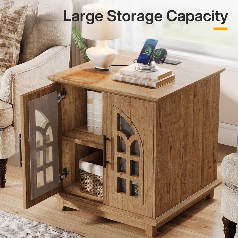 Farmhouse End Side Table with Charging Station & LED Light