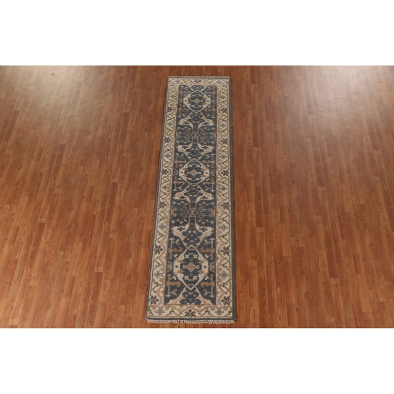 Floral Blue Oushak Oriental Runner Rug Handmade Wool Carpet - 2'8"x 9'10"