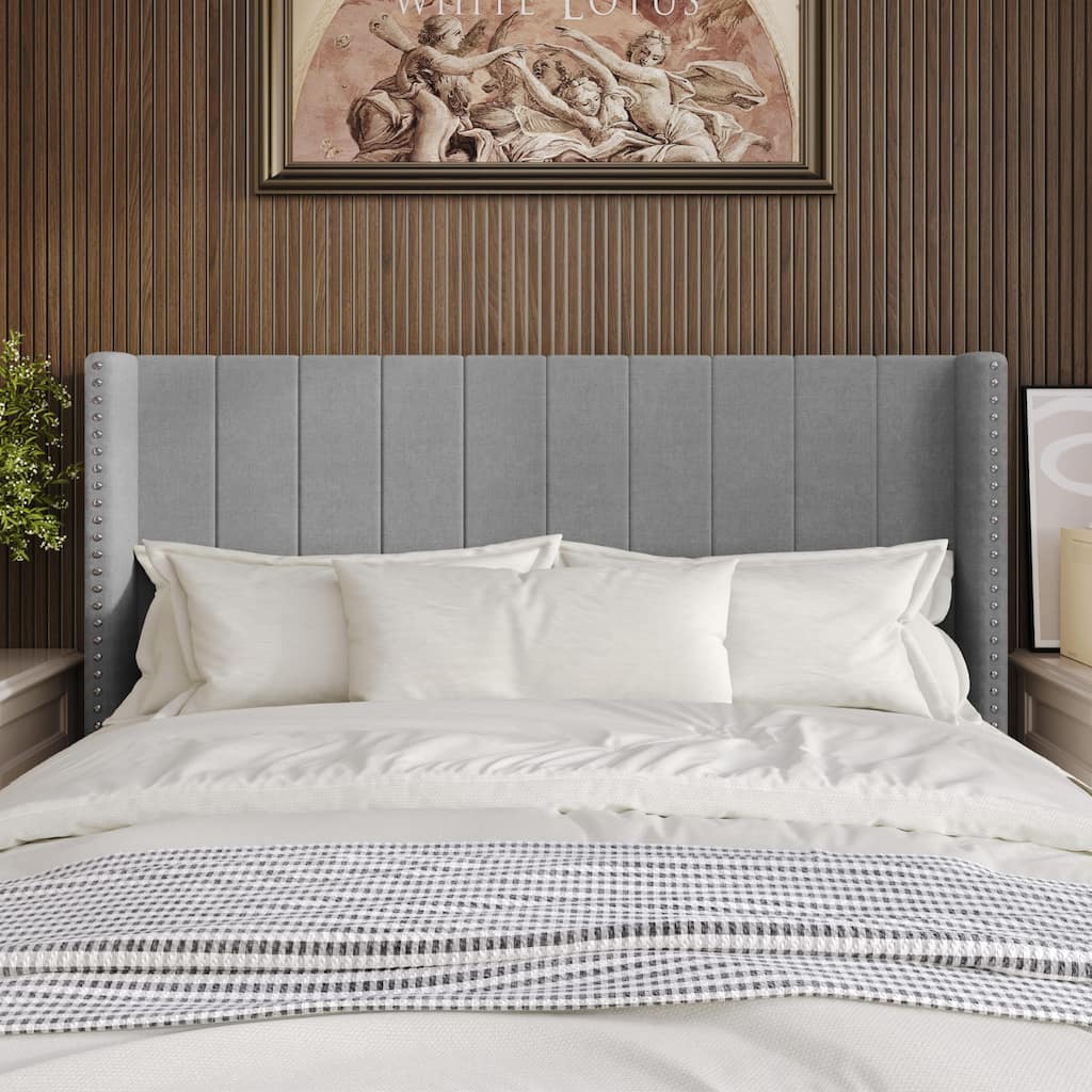 Clayfell Ipswich Upholstered Wingback Headboard with Nailhead Trim, Modern Vertical Channel Tufting, Easy Assembly