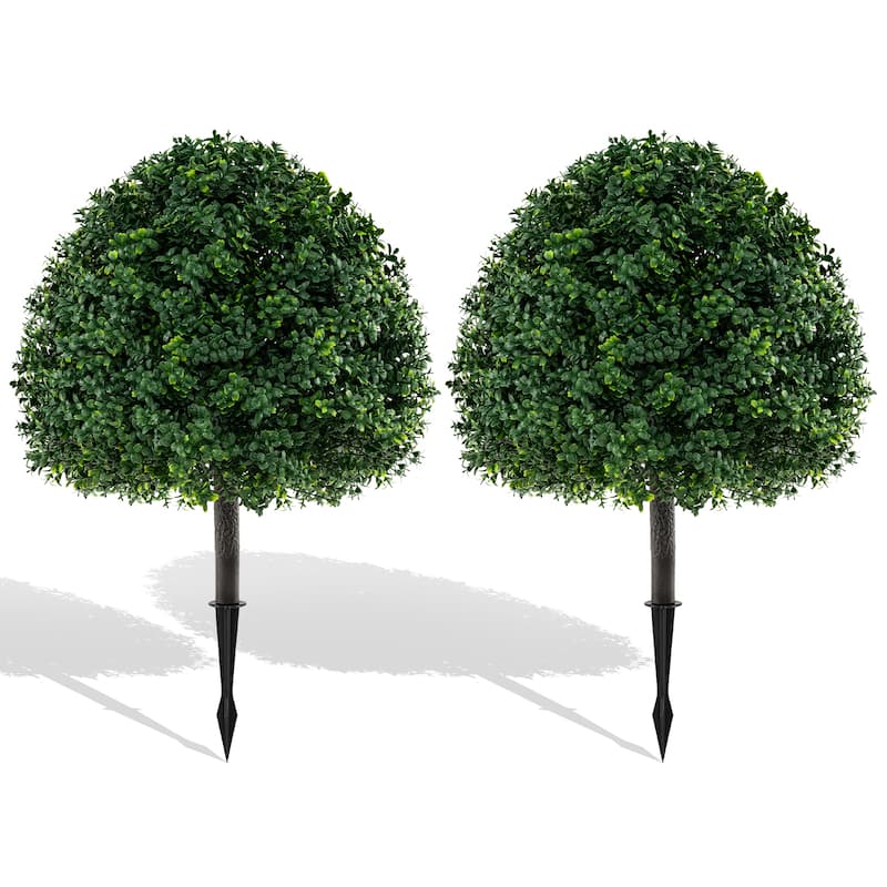 28" Artificial Boxwood Topiary Ball Tree Set of 2 with Ground Spike for Indoor Outdoor Decor - 28"H