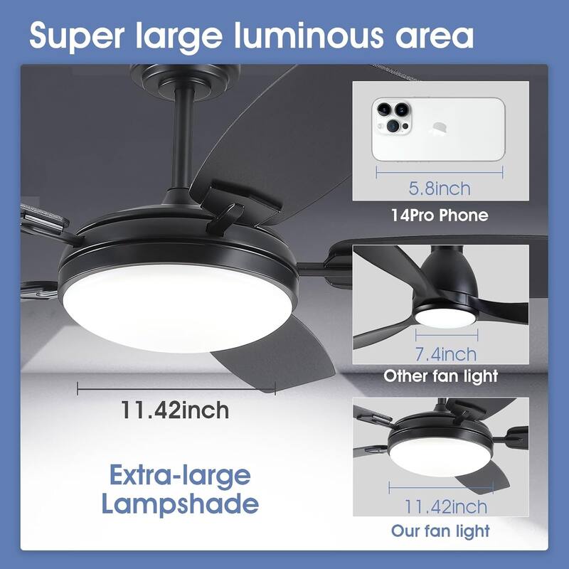 52" Modern Ceiling Fan with Light and Remote 5 Plywood Blades 3 Color LED for Bedroom Living Room Patio - 52 Inches