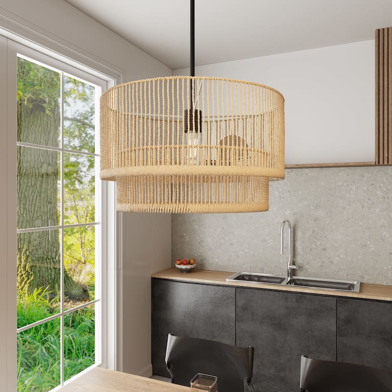 1-Light Rattan Rope Handwoven Hanging Pendant Light