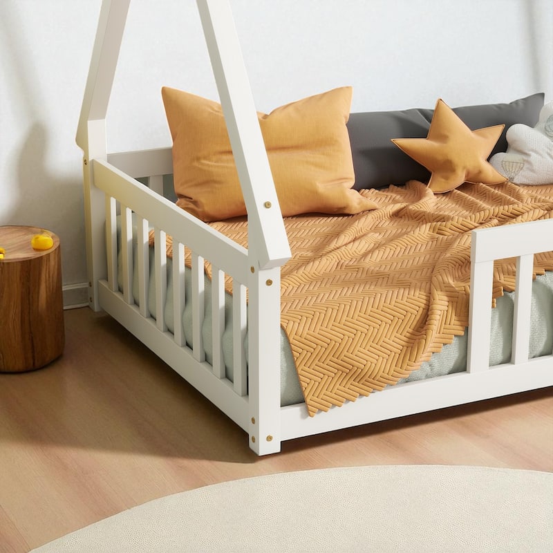 Twin Tent-Shaped Floor Bed with Guardrails, Low Platform Teepee Bed Frame with Slats, Solid Wood Design