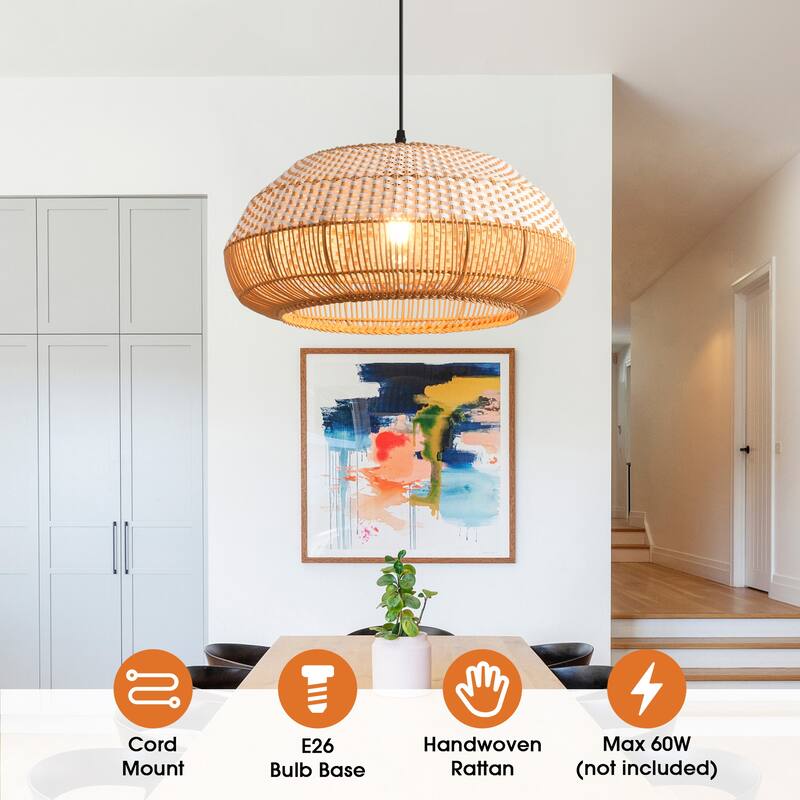 18.9" Boho White Hand Woven Rattan Caged Pendant Light for Kitchen Island, Dining Room and Living Room