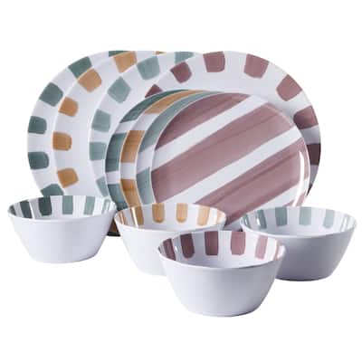 Gibson Home Cottage Stripes 12 Piece Unbreakable Melamine Plates and Bowls Dinnerware Set - Assorted Colors