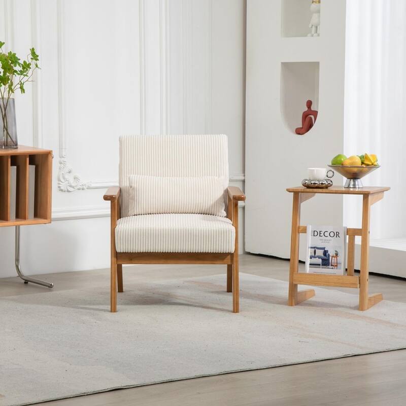 Mid-Century Modern Corduroy Accent Chair with Solid Wood Frame - Beige