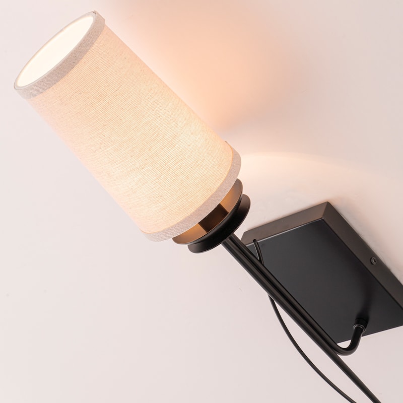 1-Light Matte Black Metal Wall Sconce Cone-Shaped Beige Linen Shade