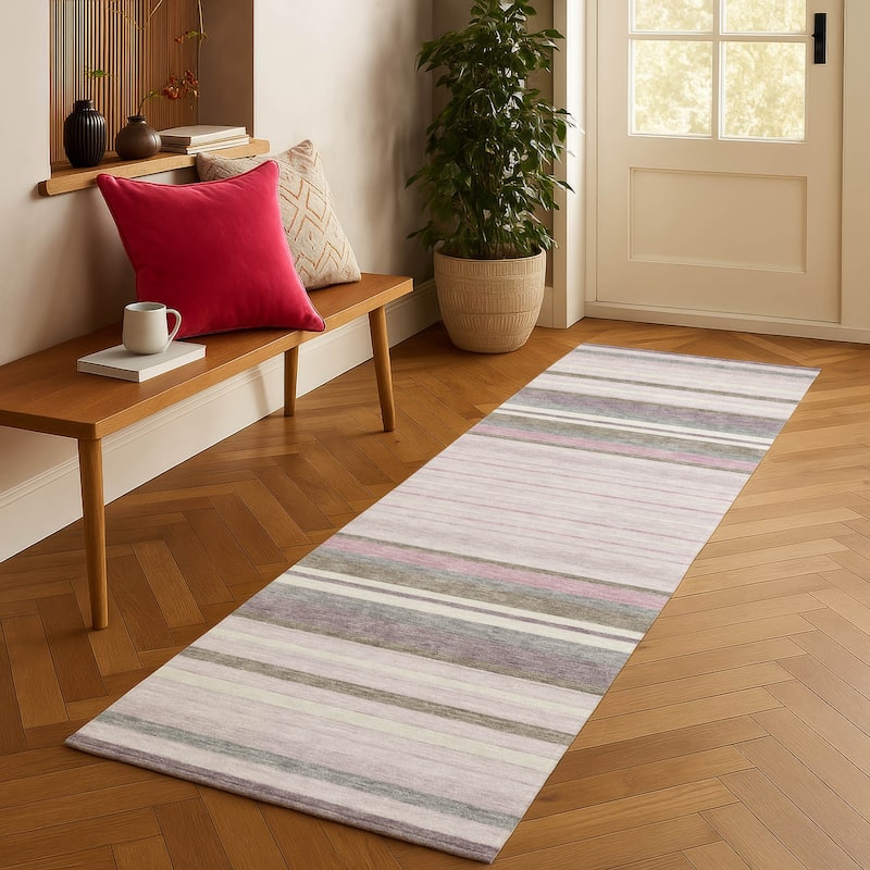 Machine Washable Indoor/ Outdoor Modern Stripes Chantille Rug