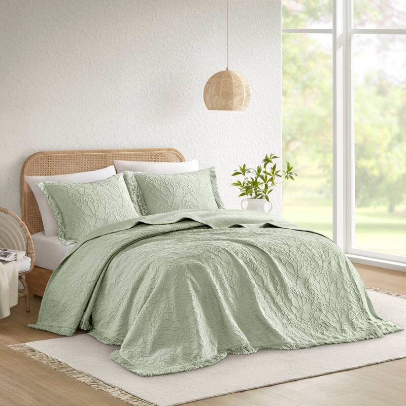 Sage King 3-Piece Bedspread Set Oversized Chenille Floral with Fringe Border - Sage
