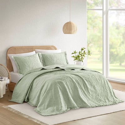 Sage King 3-Piece Bedspread Set Oversized Chenille Floral with Fringe Border