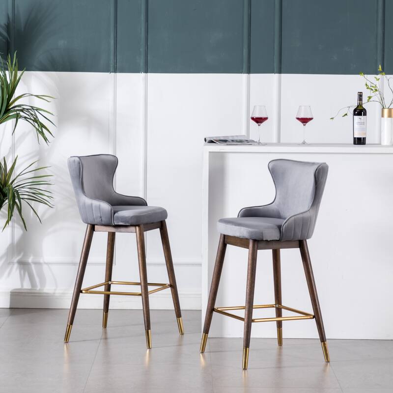 Velvet Fabric Upholstered Wingback Bar Stools Set of 2, Counter Height Bucket Barstools with Footrest for Kitchen, Dining Room