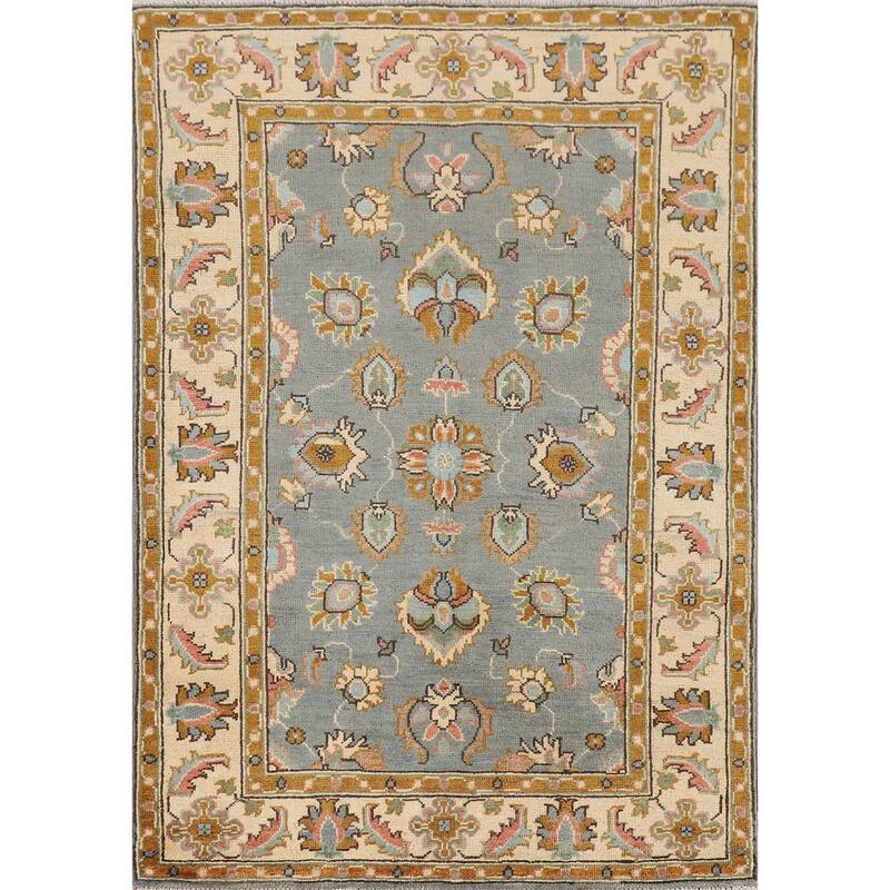 Gray Floral Oushak Accent Rug Handmade Wool Carpet - 3'4" x 4'9"