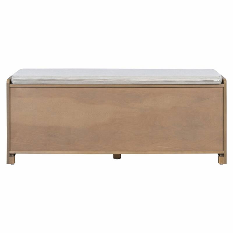 Rustic Storage Bench with Removable Cushion, Woven Rattan Doors & Adjustable Shelves