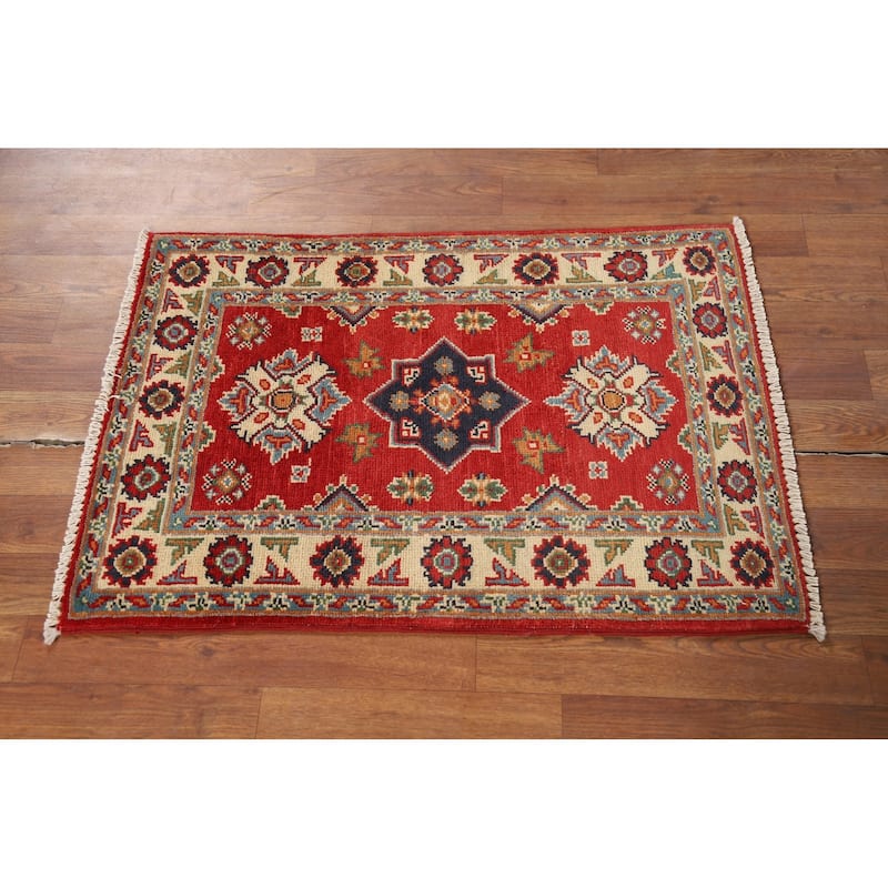 Red Geometric Kazak Oriental Accent Rug Hand-Knotted Wool Carpet - 2'0" x 3'0"