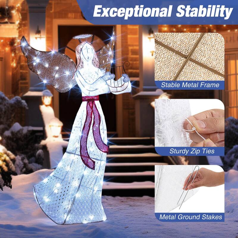 Costway 5 FT Lighted Angel with Harp LED Lights Halo Zip Ties & Ground - See Details