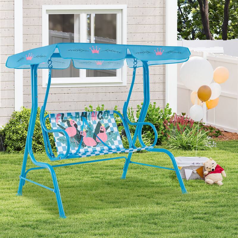 Oxford Cloth Metal Kids Swing with Adjustable Canopy and Safety Belts - 44" L x 28" W x 43.5" H