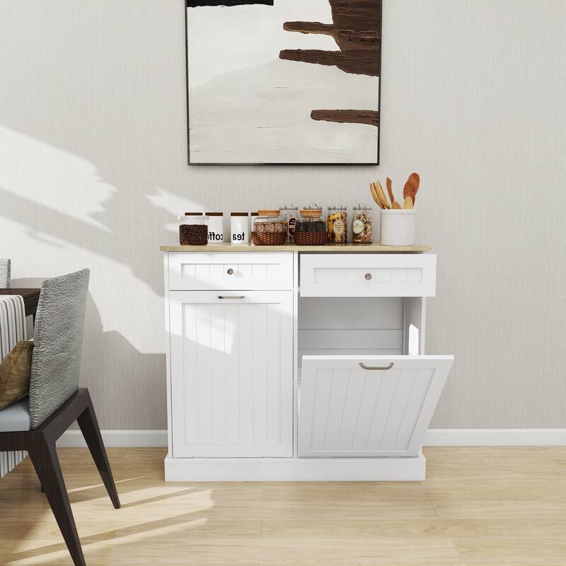 Anmytek White Farmhouse Kitchen Trash Cabinet with 2 Drawers and Tilt-Out 2-Compartment Storage