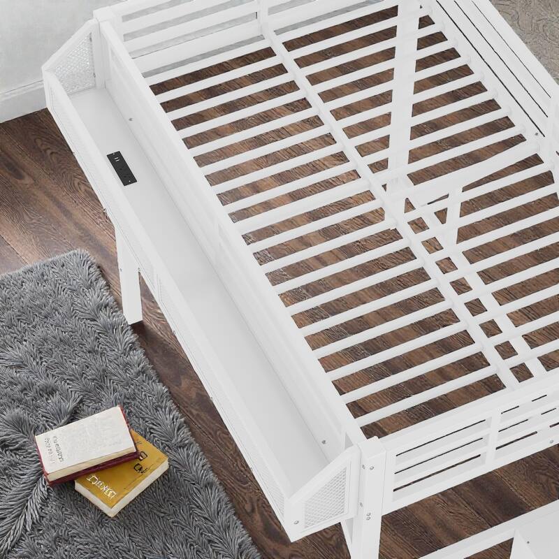 Metal Loft Bed with Storage Stairs, Wardrobe and Shelves, USB Ports and LED Lights, Noise Reduced Frame