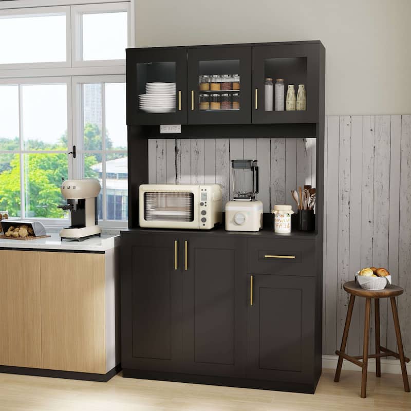 71'' Kitchen Pantry Cabinet with Hutch, Drawer & LED Light, Microwave Stand with Power Outlet for Dining Room or Kitchen