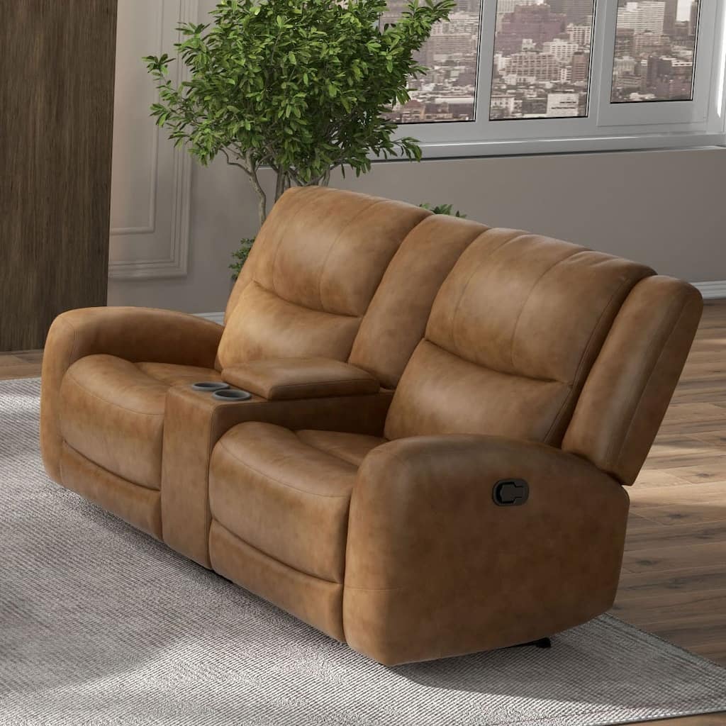 Furniture of America Rhea Brown Leather Manual Recliner Loveseat with Cup Holders