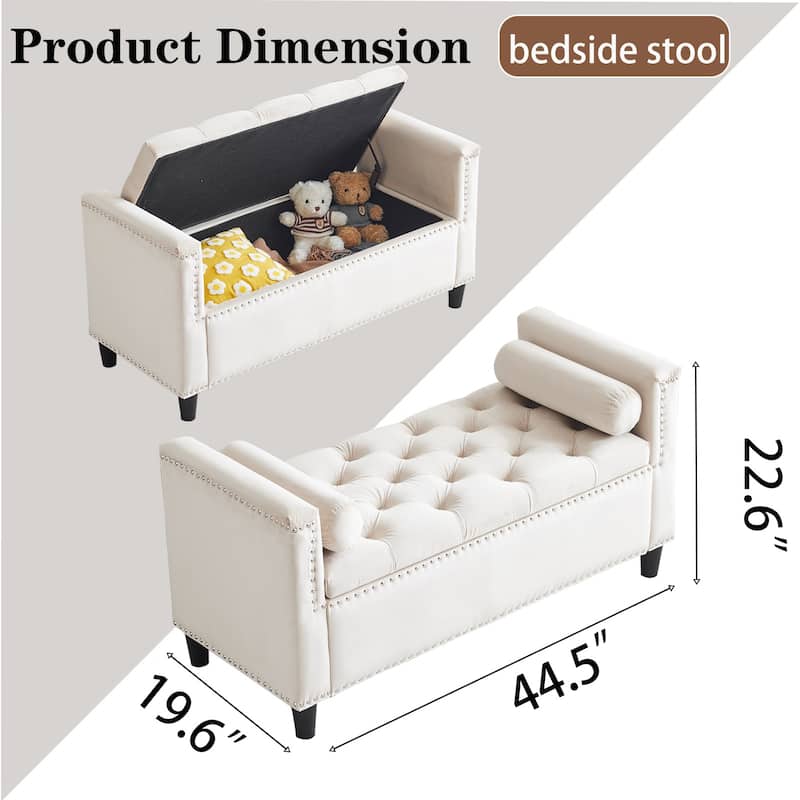 44.5-Inch Velvet Storage Bench with Armrests, Upholstered Button Tufted Ottoman with Nailhead Trim for Entryway & Bedroom