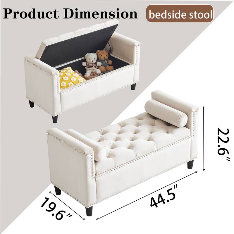 Accent Stool Bedroom End of Bed Bench with Tufted Buttons, Storage Stool Leisure Stool with Armrests and Flap