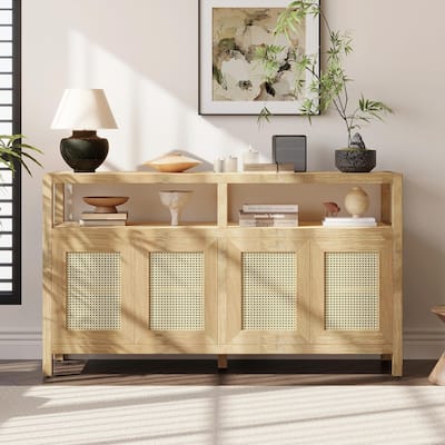 Rattan Buffet Storage Cabinet with Solid Wood Frame, Sideboard with 3-position Adjustable Shelves