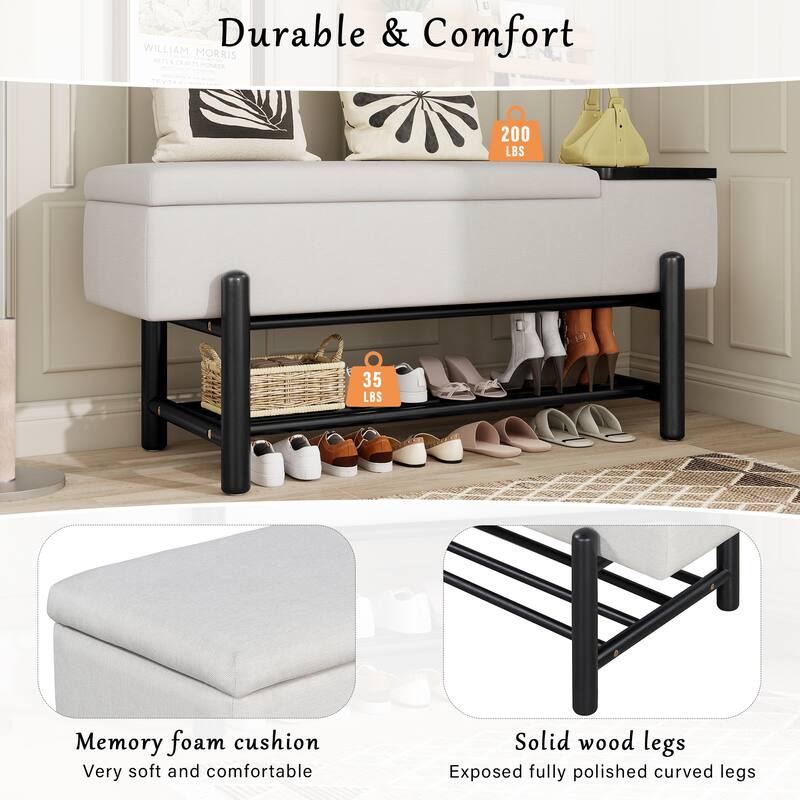 47.2" Farmhouse Upholstered Storage Bench with Hidden Compartment