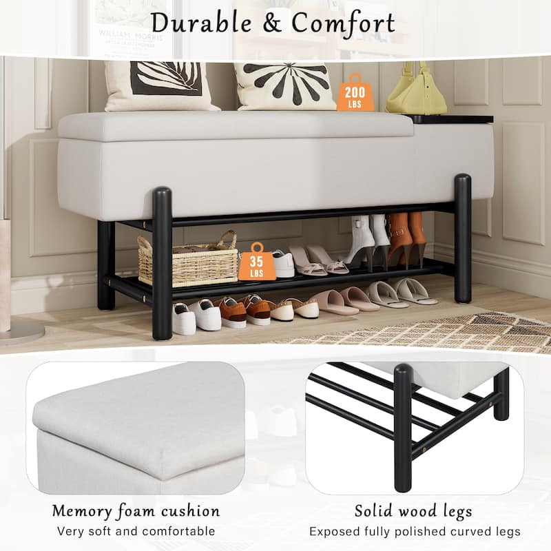 Farmhouse Upholstered Storage Bench with Hidden Compartment, Modern Entryway Bench for Living Room, Entryway, and Hallways