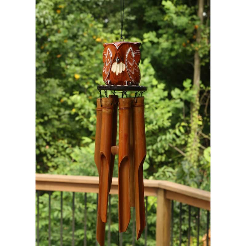 Handmade Wooden See No Evil Owl Bamboo Wind Chime Wood Statue Figurine Hoot Sculpture Art Rustic Patio Garden Outdoor Decor