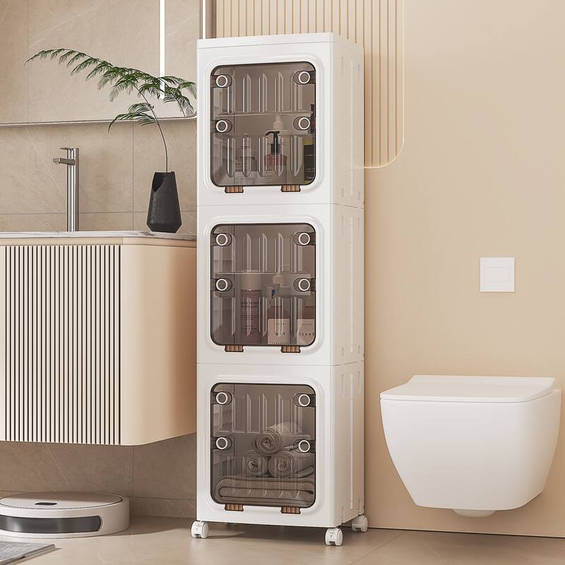 VECELO White 3-Tier & 4-Tier Narrow Storage Bins Foldable Stackable ABS Organizer Bins with Wheels for Bathroom Living Room - 3-Tier