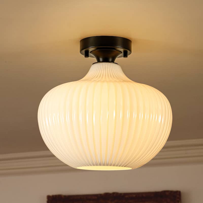 1-Light Modern Elegant Ribbed Glass Flush Mount with Brushed Brass/Matte Black Finish for Bedroom & Foyer